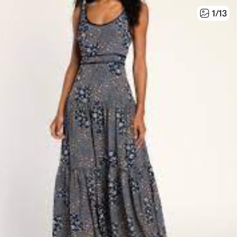 Lulu's Midnight Navy Patchwork Floral Print Maxi Dress, size L